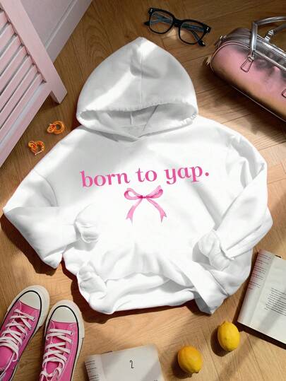SHEIN Leap Crew Born To Yap Cute Girl Bowknot Accent Pink Tween Girl Casual Thick Sweatshirt, Suitable For Autumn/Winter