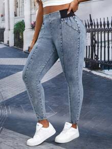 SHEIN Essnce 大码休闲水洗撞色腰带紧身牛仔裤