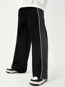 SHEIN Tween Boys Casual Loose Straight Leg Patchwork Pants For Tween Boys - Black - View 3