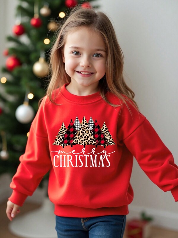 SHEIN 1 pièce Sweat-shirt de Noël pour jeune fille style décontracté avec imprimé léopard, sapin de Noël et flocons de neige en polaire, convient pour les fêtes de Noël et les tenues d'automne/hiver