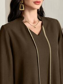 Al Najma 女式 V 领边饰设计开衩长袖宽松阿拉伯连衣裙，端庄优雅的 A 字型长款阿拉伯连衣裙，适合休闲日常/家居服 - 駝色 - 查看 8