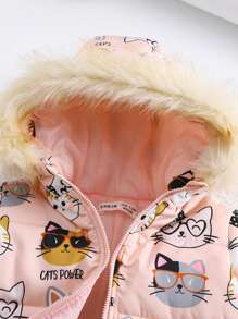 SHEIN 3pcs Baby Girl Cute Pink Cat Pattern Warm Fleece Hooded Jacket & Pants Set, Autumn/Winter