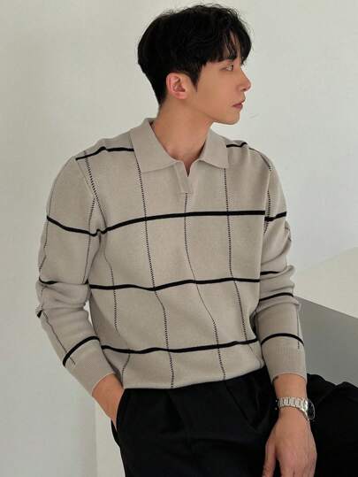 DAZY Bluză tricotată în carouri, cu mânecă lungă și guler casual pentru bărbați, ținută business de toamnă