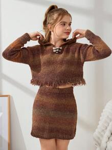 Tween Girl Contrast Vintage Hood Button Fringed Sweater And Mini Skirt Two Pieces Set