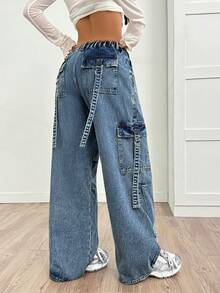 SHEIN PETITE Quần Jeans Ống Rộng Có Dây Rút Eo Giặt Thường Ngày Cho Nữ - Màu xanh lam - Xem 2