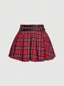 SHEIN MOD 1件红黑格子百褶低腰迷你裙，配2条皮带，假日裙装，女士服装 - 紅色 - 查看 2
