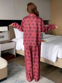 DAZY Heart Print Loose Pajama Set - Burgundy - View 2