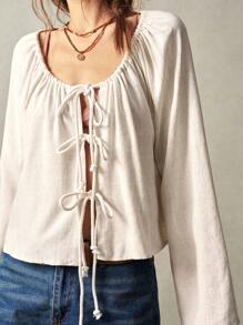 Bohemela Casual Solid Color Woven Flare Sleeve Round Neck Loose Blouse For Women