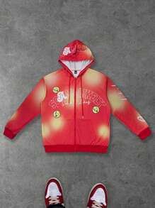 Manfinity Roghcode Men's Letter & Smiling Face Print Zipper Front Drawstring Hoodie, Autumn - Red - View 6