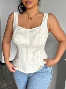 SHEIN Frenchy 加大码纯色方领不对称下摆优雅吊带背心 - 黑與白 - 查看 1