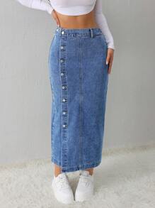 SHEIN Tall Women's Denim Skirt Casual Loose Side Slit Blue Midi Skirt Tall Women's Skirt Light Blue Skirt Blue Skirt Winter Women Clothes - Medium Wash - View 6