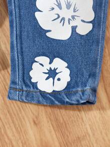 Bộ 2 món/Bộ đồ denim thời trang cho bé gái, áo khoác in họa tiết + quần denim thường ngày in họa tiết, phong cách đường phố họa tiết hoa thời thượng - Rửa trung bình - Xem 3
