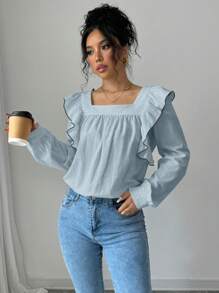 SHEIN Unity Women Casual Square Neck Ruffle Trim Blouse, For Autumn Fall Cloth For Women - Baby Blue - View 3