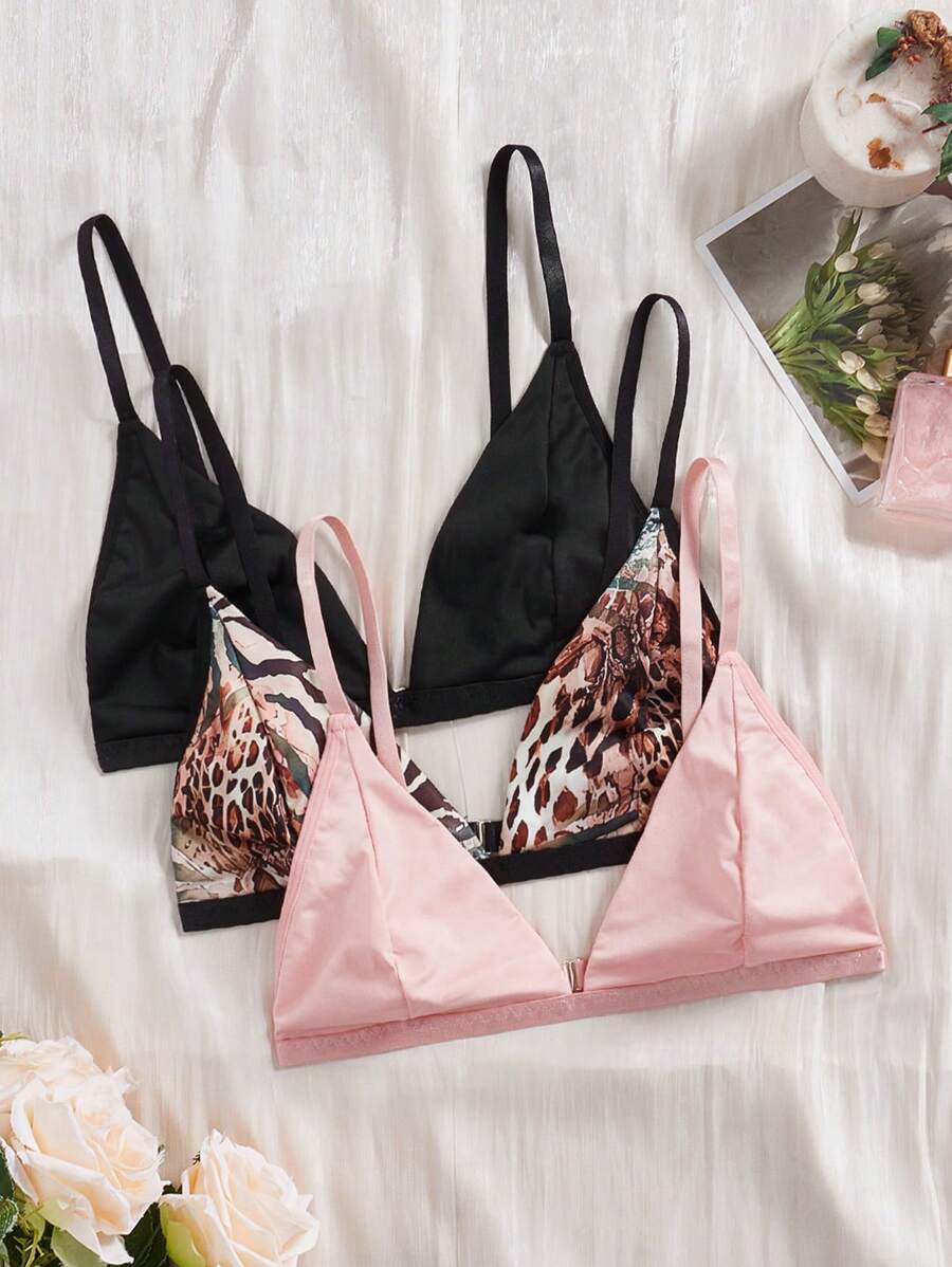 3pcs Y2K Bralette Set, Leopard Print Black Lingerie Bras For Women - Multicolor - View 1