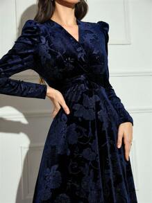 Modelyn Women V-Neck Crossed Wrap Elegant Long Sleeve Arabian Modest Dress Long Evening Dresses - Blue - View 3