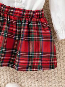 SHEIN Baby Girl Christmas Open Shoulder Ruffle Collar Bow Long Sleeve Top & Plaid Pleated Skirt 2pcs Suit Set, Warm And Comfortable Clothes, Cute Outfit For Autumn/Winter - Multicolor - View 3