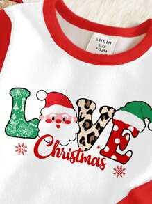 SHEIN Giáng sinh, Ông già Noel dễ thương, Kẻ caro đỏ, Bộ đồ mặc nhà dài tay bằng vải nỉ tối giản giản dị cho bé gái, Vừa vặn, Thích hợp cho mùa thu đông - trắng - Xem 3