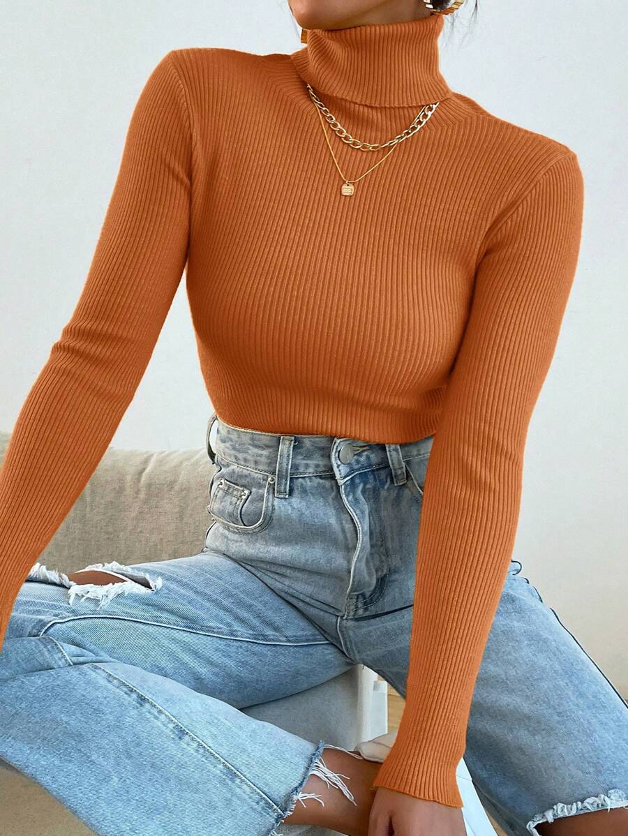 Mulvari Women High Neck Long Sleeve Fitted Pullover Sweater, Solid Color, Autumn/Winter Knit Pullover Fall - Rusty Rose - View 1