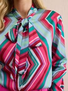 BizChic 女士优雅几何印花衬衫，适合感恩节、圣诞节、办公室、春夏， - 粉色 - 查看 5