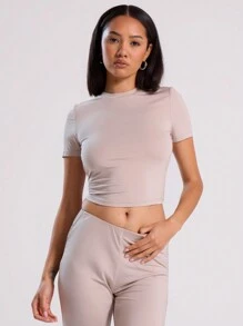 Musera Sport Solid Slim Fit Crop Sports Tee Fitness Winter - Khaki - View 1