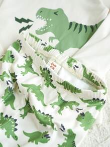 Cozy Pixies Bộ đồ ngủ vừa vặn 2 món cho bé trai, áo thun dài tay cổ tròn in họa tiết khủng long hoạt hình màu tương phản và quần dài bo gấu - màu xanh lá - Xem 4