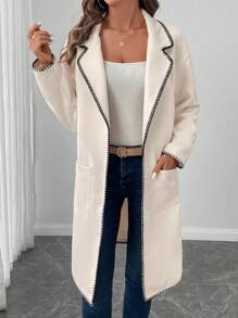 SHEIN LUNE Folding Collar Contrast Trim Ladies Casual & Work Elegant Long Coat, Warm Autumn Winter