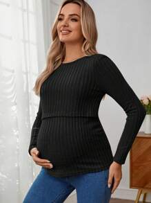 SHEIN Camiseta de manga larga casual de cuello redondo ajustada de unicolor y acanalada para maternidad