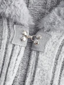 SHEIN EZwear 女士纯色蓬松翻领长袖罗纹长款休闲外套，冬季 - 淺灰色 - 查看 5