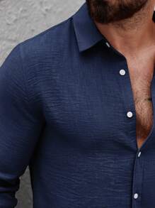 Manfinity Homme 男士休闲纯色亚麻长袖衬衫，秋季 - 藏蓝色 - 查看 3