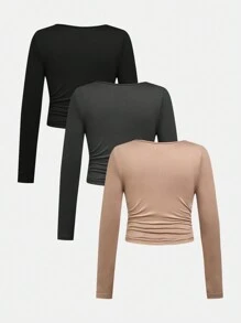 SHEIN 3pcs/Set Tween Girls Casual Minimalist Comfortable Solid Color V-Neck Ruched Waist Long Sleeve T-Shirts - Pink - View 2