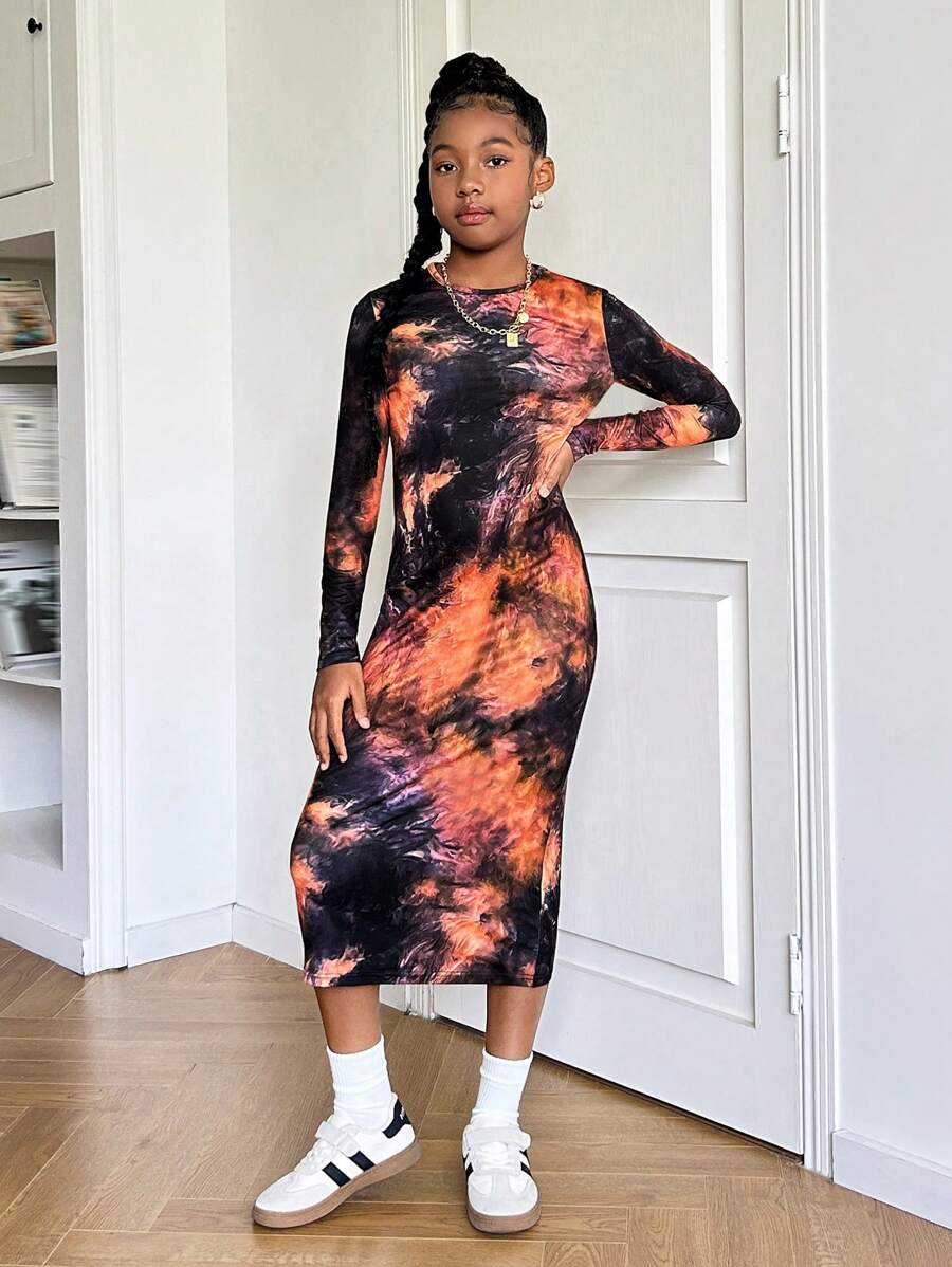 Tween Girls TieDye Pattern Knit Long Sleeve Fitted Casual Elegant