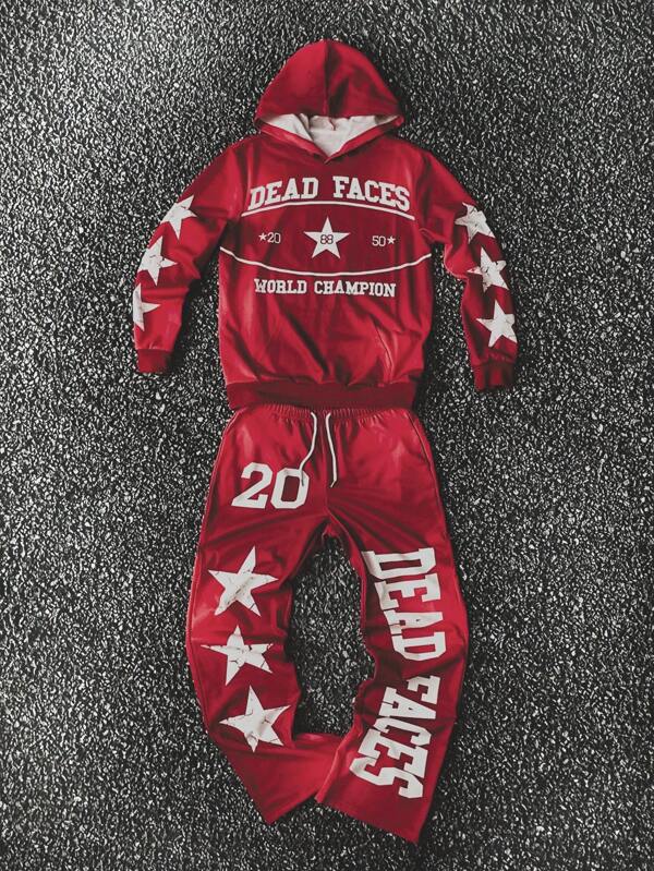 Manfinity EMRG Conjunto de 2 piezas: Sudadera con capucha de manga larga con estampado de letras y estrellas, y pantalones acampanados con cordón