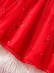 Glamorique Kids Baby Girl Christmas Red Contrast Mesh Ribbed Knit Bow Decor Elegant Dress - Red - View 5