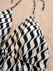 Soleia 1 chiếc áo ba lỗ hở vai cổ chữ V in họa tiết gợn sóng dệt kiểu resort dành cho nữ, trang phục xếp lớp thời trang cho mùa thu/đông - Đen và trắng - Xem 4