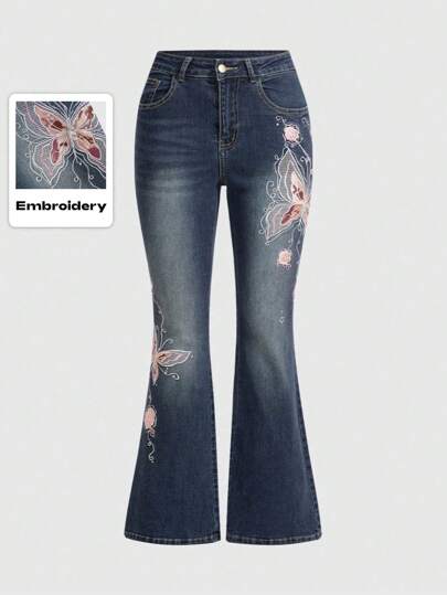 Fairycore Retro Y2K Butterfly & Rose Embroidery Jacquard Tight-Fitting Low-Waisted Plus Size Flare Jeans For Women