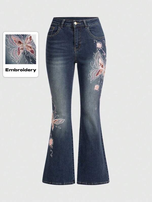 ROMWE Fairycore Retro Y2K Butterfly & Rose Embroidery Jacquard Tight-Fitting Low-Waisted Plus Size Flare Jeans For Women