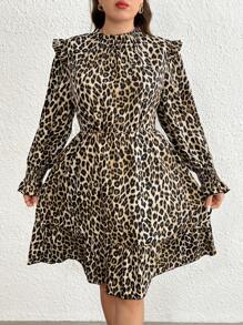 SHEIN LUNE Plus Size Frill Trim Leopard Print Long Sleeve Party Dress, Christmas - Multicolor - View 1