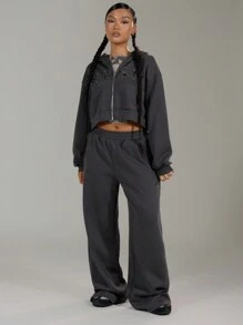 MUSERA MUSE Letter Patch Zip Up Hooded Sweatshirt Back To School Winter Cosy Cute Casual Everyday Capsule Wardrobe Y2K Streetwear Lounge - Grey - View 4