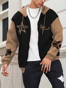 Manfinity EMRG Men's Hooded Drawstring Long Sleeve Pentagram Print Contrast Color Casual Sweatshirt