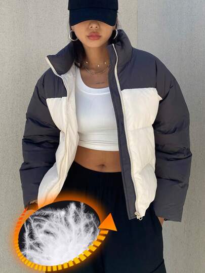 DAZY Abrigo acolchado ligero y corto con capucha de color contrastante y parches, ropa de invierno, ropa de invierno para mujer, abrigo de invierno para mujer
