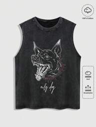 ROMWE MEN Grunge Punk Men's Summer Casual Dog Printed Round Neck Tank Top With Distressed Details, School, 2000s Style