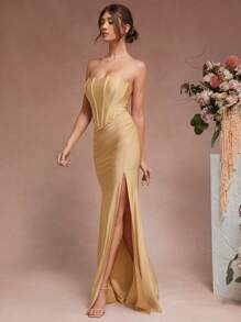 SHEIN Unity Robe de maxi élégante pour fête de Noël avec corset, plissé sur le côté et fente, couleur champagne - Champagne - Voir 3