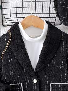 SHEIN 年轻女孩针织翻领长袖格子蓬松衬里外套，优雅时尚，适合秋冬季 - 黑色 - 查看 4