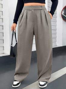 Flirla Plus Size Women Solid Color Pleated Pocket Wide Leg Loose Suit Pants - Dark Grey - View 4
