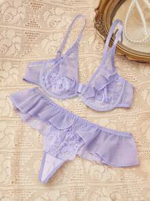 Women's Sexy Lingerie Set, Chic & Sexy With Lace Patchwork & Ruffle Trim - Mauve Purple - View 6