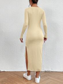 SHEIN Essnce 女式纯色圆领长袖休闲连衣裙，侧开衩下摆，秋季 - 杏色 - 查看 2