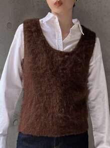 FRIFUL 女士纯色圆领休闲毛衣背心，秋冬