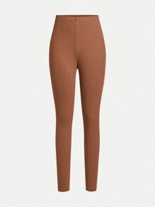 SHEIN 2pcs Teen Girl Solid Color Ribbed Knit Leggings - Brown - View 7