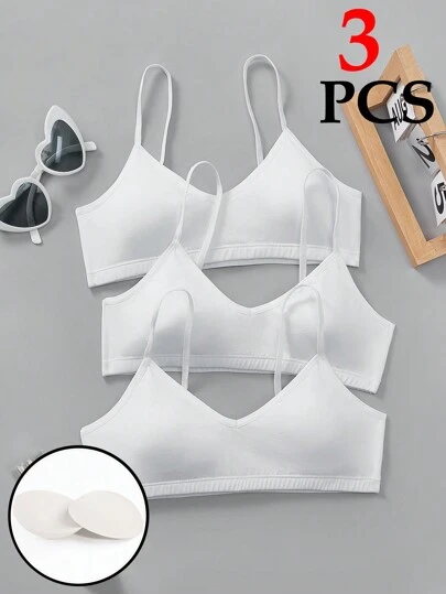 SHEIN 3pcs/Set Tween Girls Minimalist V-Neck Camisole With Padded Bra And Racerback Underwear Set, Comfortable & Solid Color