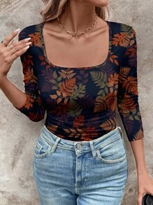 SHEIN LUNE Áo thun dài tay họa tiết hoa lá mùa thu cổ điển dành cho nữ, thích hợp làm lớp lót thường ngày vào mùa thu/đông - màu đen - Xem 2